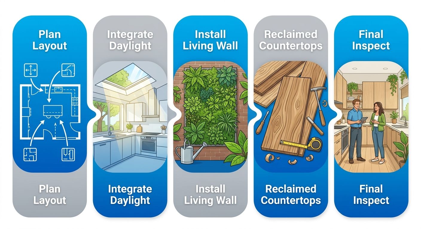 Horizontal process diagram showing five stages of a biophilic kitchen remodel, from plan layout to final inspection