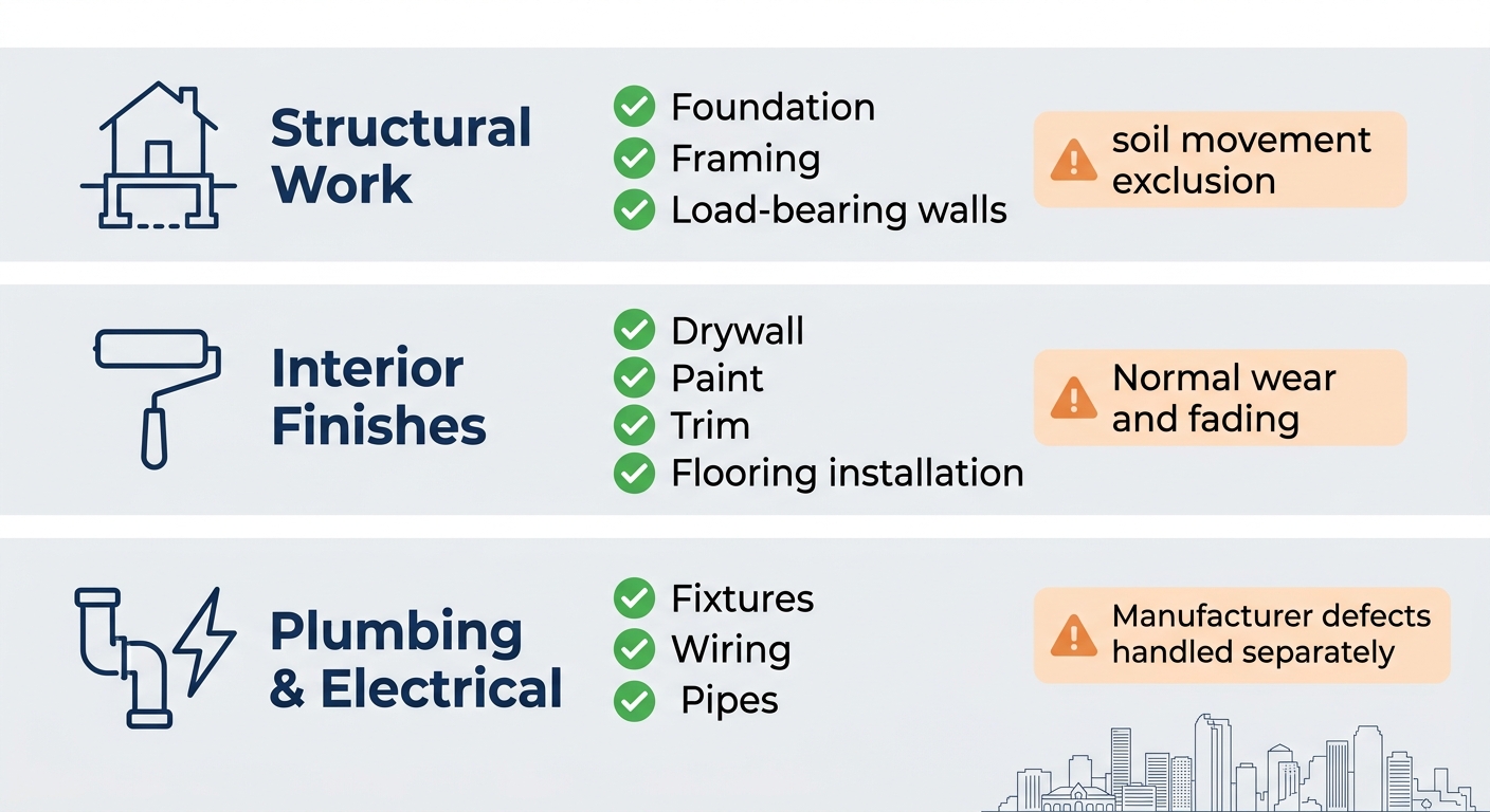 Infographic showing ACN Construction's five-year workmanship warranty coverage for structural work, interior finishes, and plumbing/electrical systems.