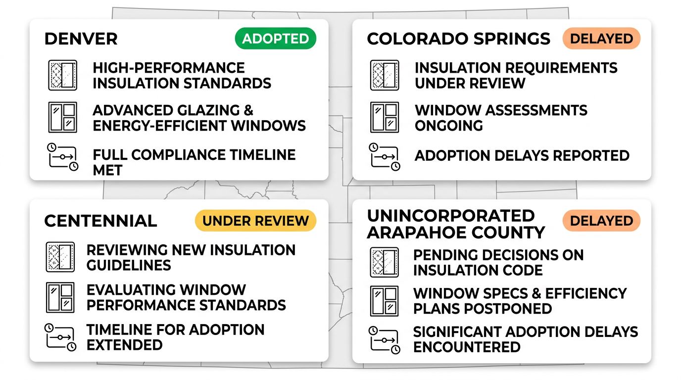 Infographic comparing MLECC compliance status across four Colorado jurisdictions: Denver, Centennial, Colorado Springs, and Unincorporated Arapahoe County, with color-coded badges and icons for insulation, windows, and timeline.