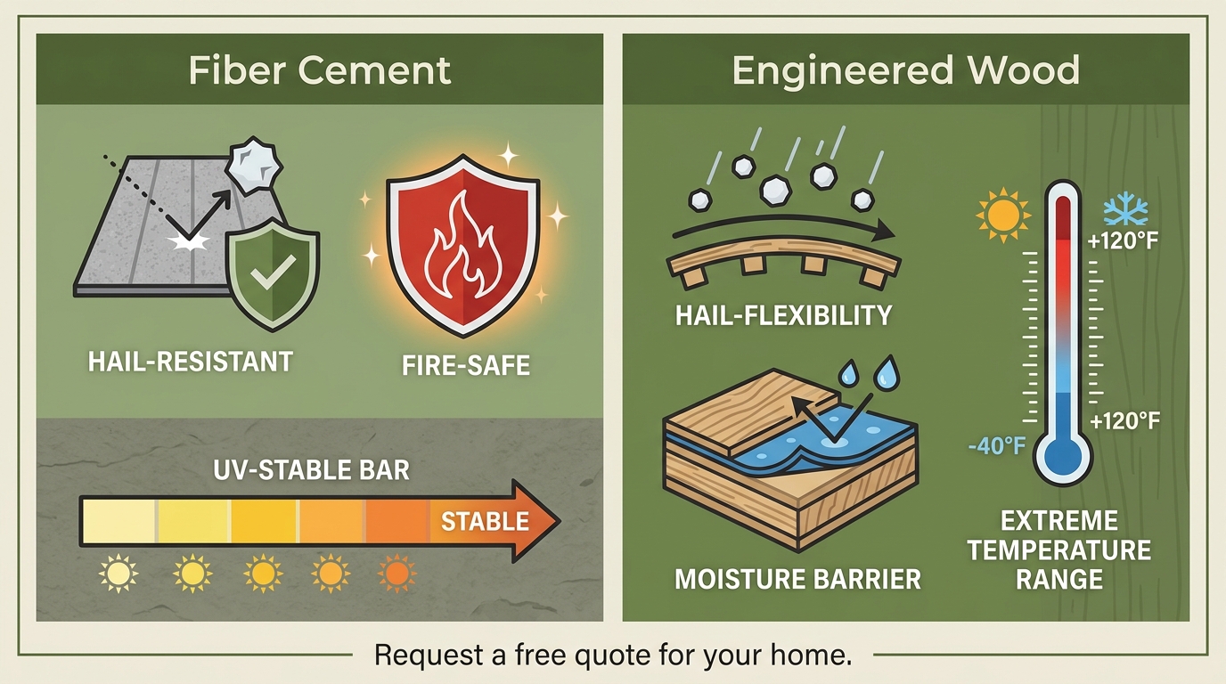 Weather-resilience infographic comparing fiber cement and engineered wood siding for Colorado homes with hail, fire, and UV protection icons.
