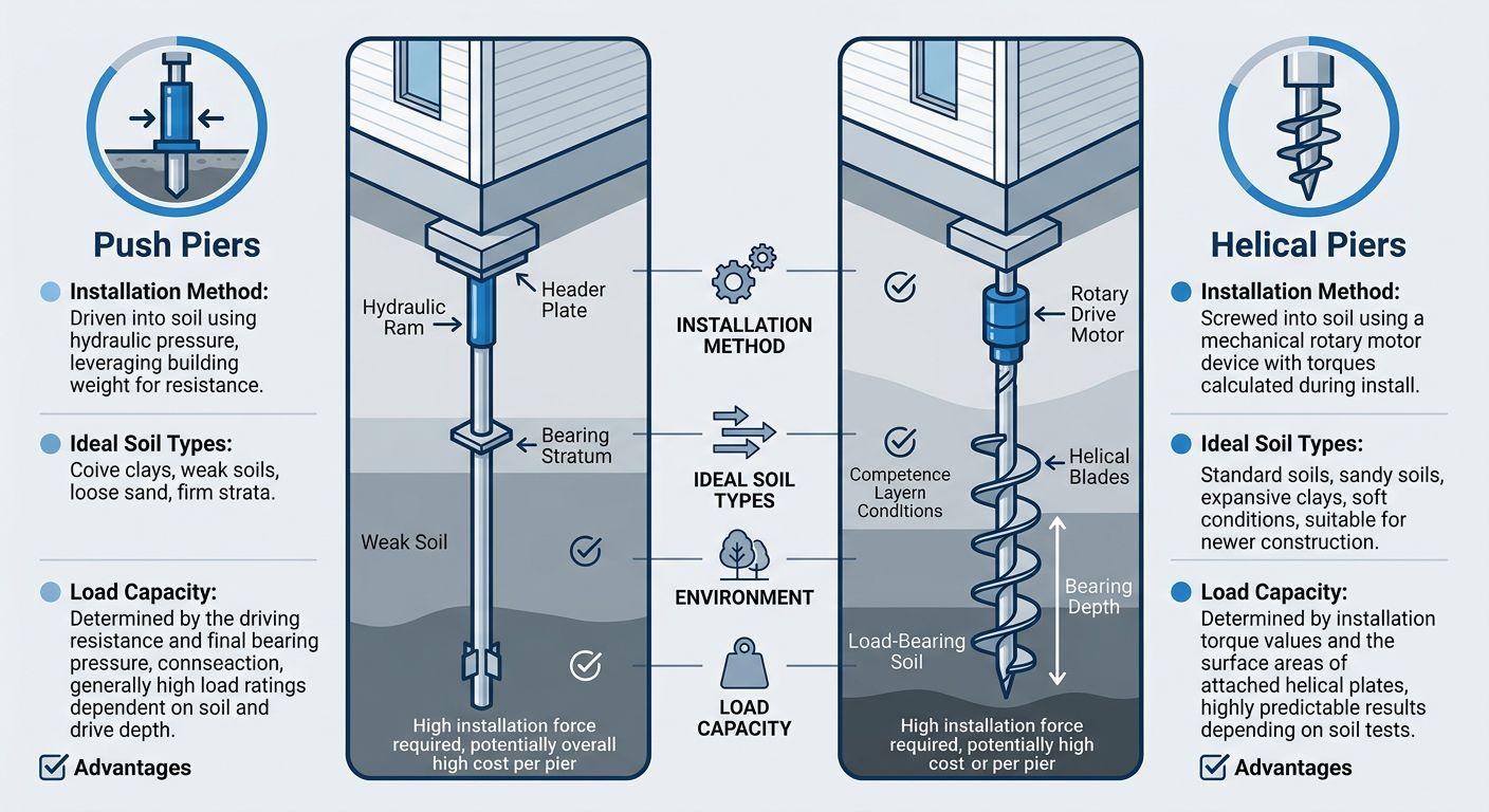 Comparison infographic of steel push piers and helical piers showing installation methods, soil types, and load capacity with check marks.