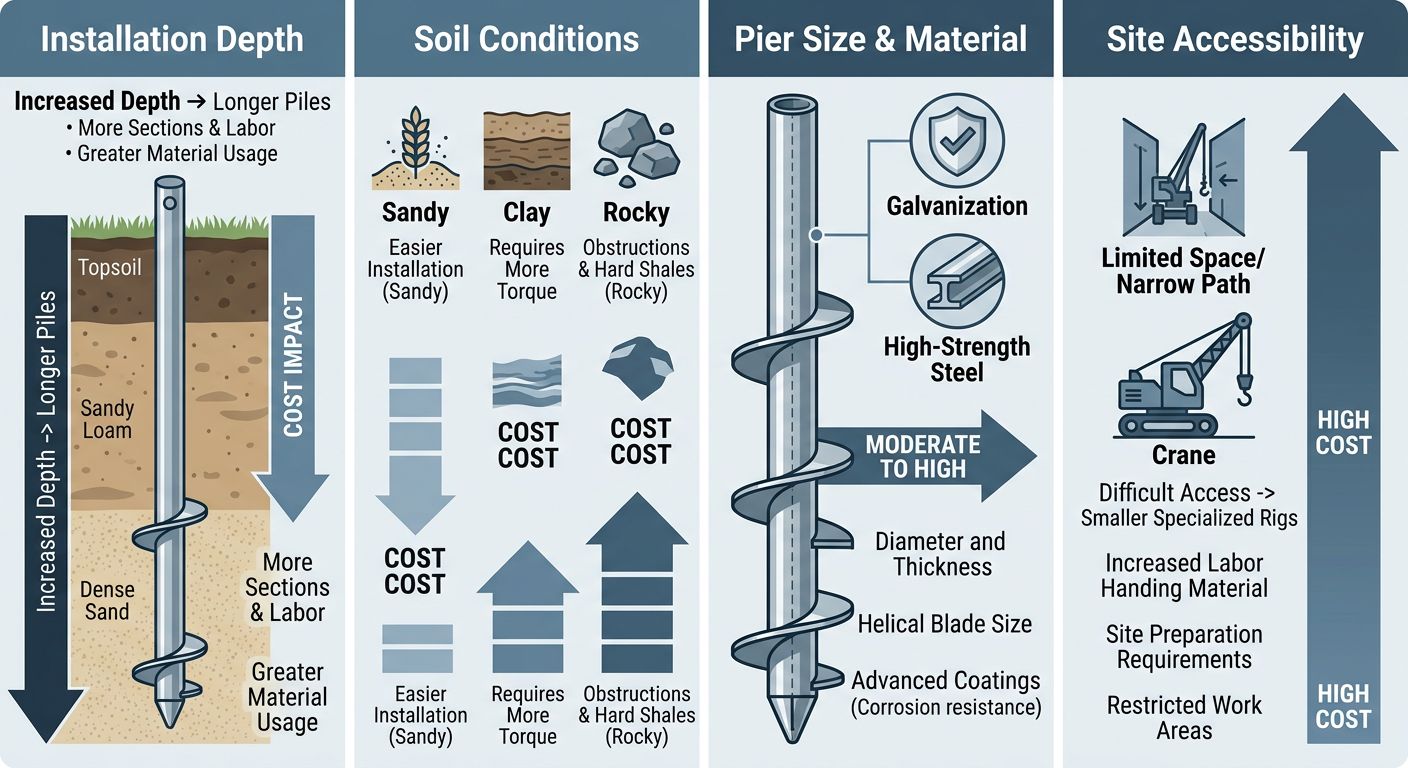Infographic illustrating four key factors that determine helical pier costs: installation depth, soil conditions, pier size and material, and site accessibility, with icons and cost impact arrows in a blue-grey palette.