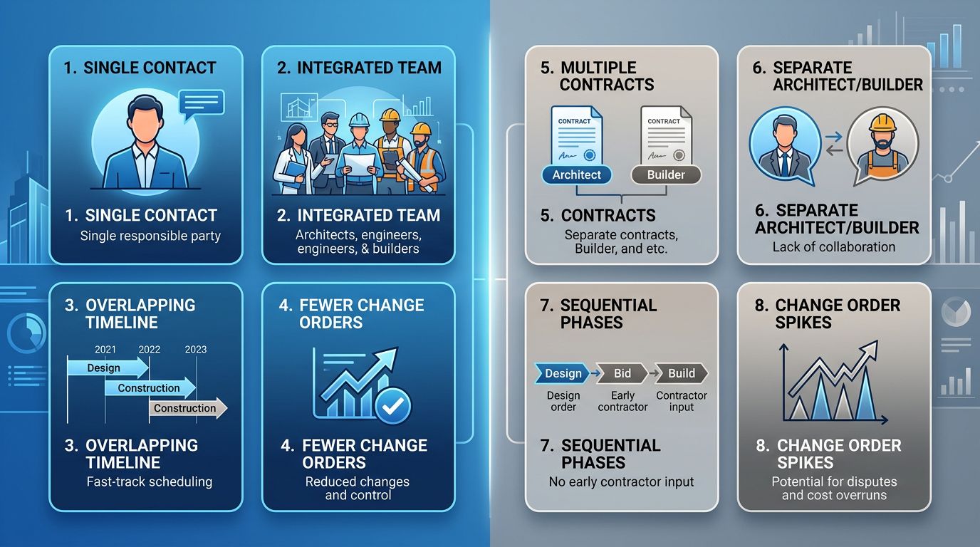 Side-by-side comparison infographic of design build model versus traditional contracting for home remodeling, showing single-point accountability with blue and warm gray color schemes.