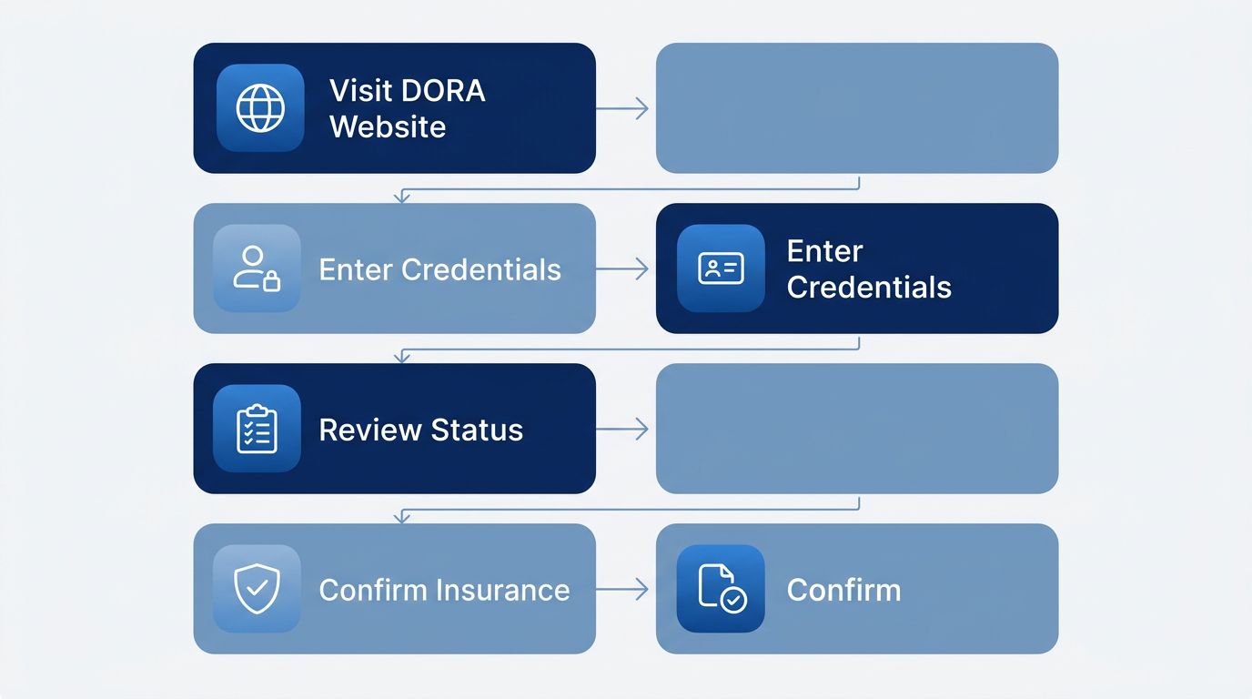 Vertical flow diagram showing four steps to verify a general contractor license in Colorado: Visit DORA, enter contractor credentials, review license status, and confirm insurance information.
