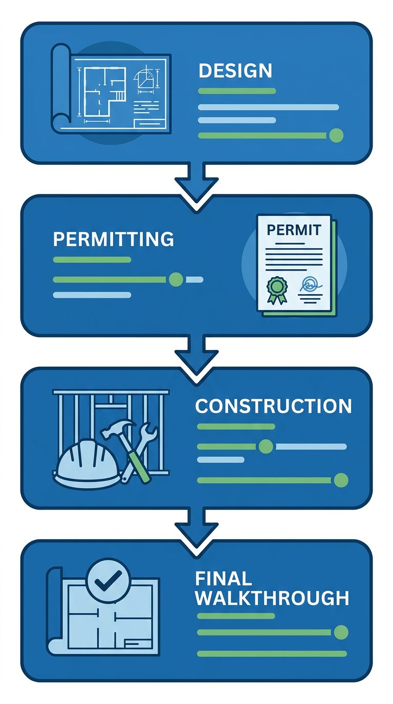 Flow diagram of four basement finishing stages: design, permitting, construction, and final walkthrough.
