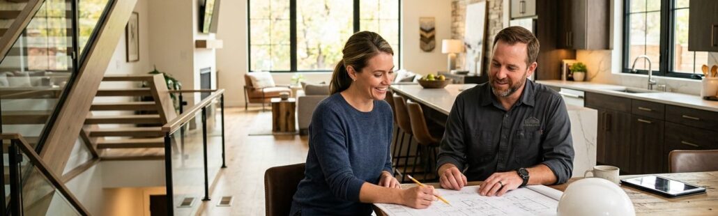 Homeowner and contractor reviewing remodeling plans in a bright, modern Denver living space with high-end finishes and energy-efficient windows, conveying trust and quality.