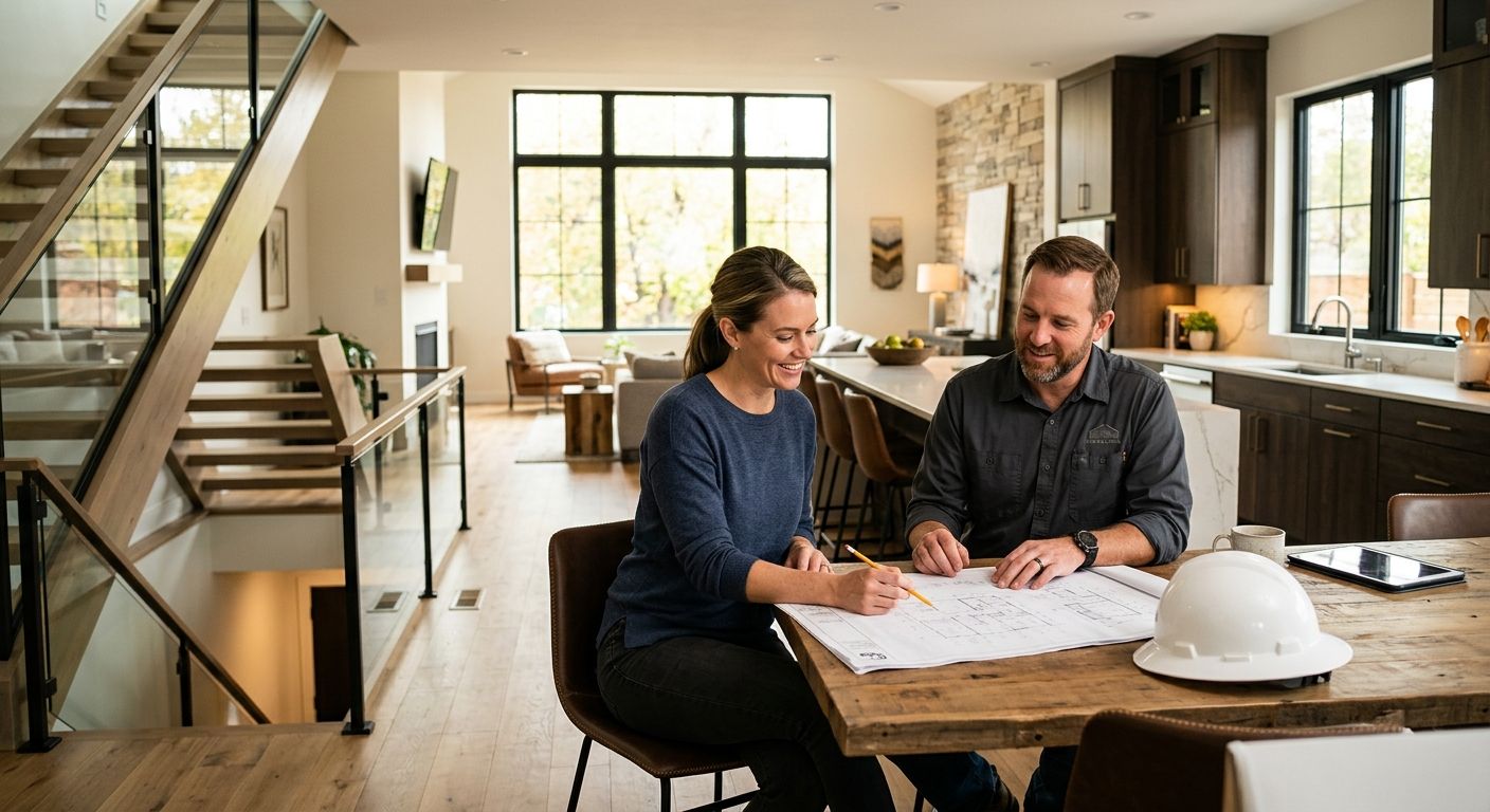 Homeowner and contractor reviewing remodeling plans in a bright, modern Denver living space with high-end finishes and energy-efficient windows, conveying trust and quality.
