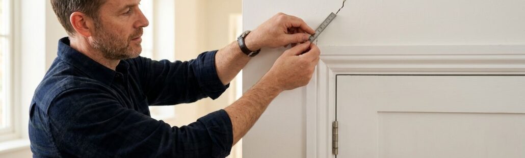 Homeowner inspecting a diagonal drywall crack above a white door frame in a bright hallway with a ruler and notebook nearby.