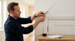 Homeowner inspecting a diagonal drywall crack above a white door frame in a bright hallway with a ruler and notebook nearby.