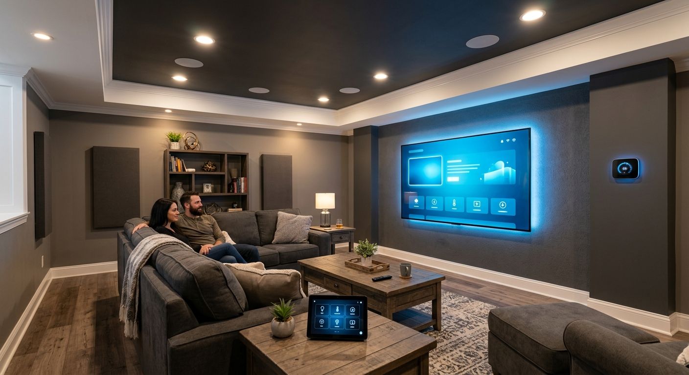 Professional photograph of a modern finished basement with media wall, smart thermostat, and recessed lighting