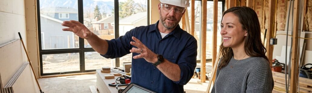 Professional photograph of a design-build contractor in Denver, Colorado, wearing a collared shirt and hard hat, holding a tablet with project plans in a renovated living room, natural light streaming through windows.