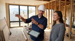 Professional photograph of a design-build contractor in Denver, Colorado, wearing a collared shirt and hard hat, holding a tablet with project plans in a renovated living room, natural light streaming through windows.