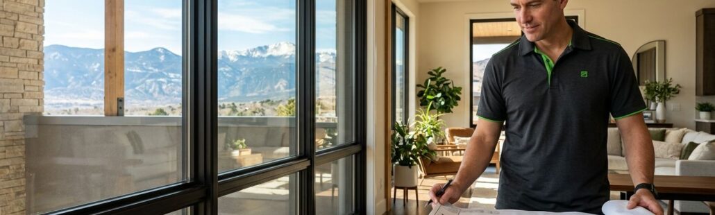 Professional photograph of a modern Denver home with large custom replacement windows and Rocky Mountains visible, sunlight streaming through low-E coated high-altitude glass