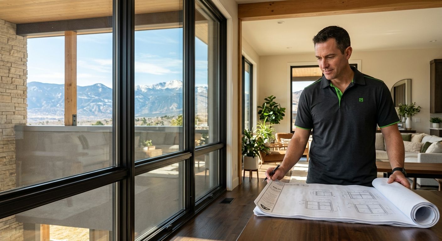 Professional photograph of a modern Denver home with large custom replacement windows and Rocky Mountains visible, sunlight streaming through low-E coated high-altitude glass