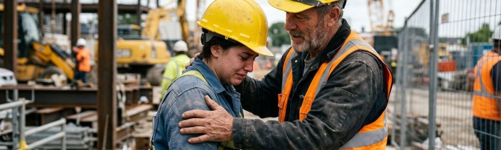 A close-up of a worker comforting his colleague, both wearing yellow hard hats