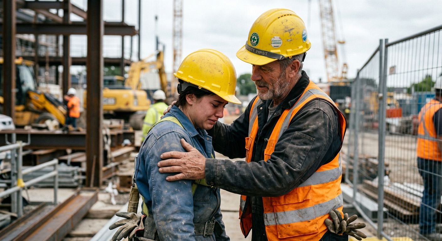 A close-up of a worker comforting his colleague, both wearing yellow hard hats