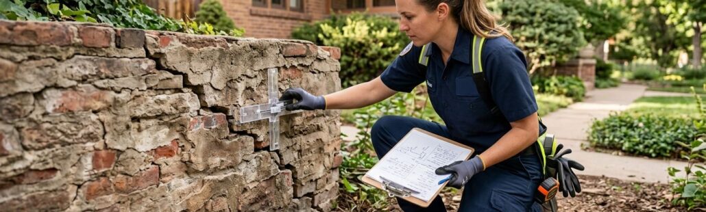 Foundation specialist inspecting historic brick home's foundation with crack monitor in Centennial, Colorado. Craftsman home in background with landscaping.