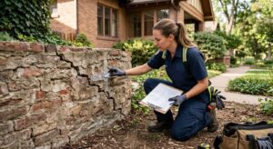 Foundation specialist inspecting historic brick home's foundation with crack monitor in Centennial, Colorado. Craftsman home in background with landscaping.
