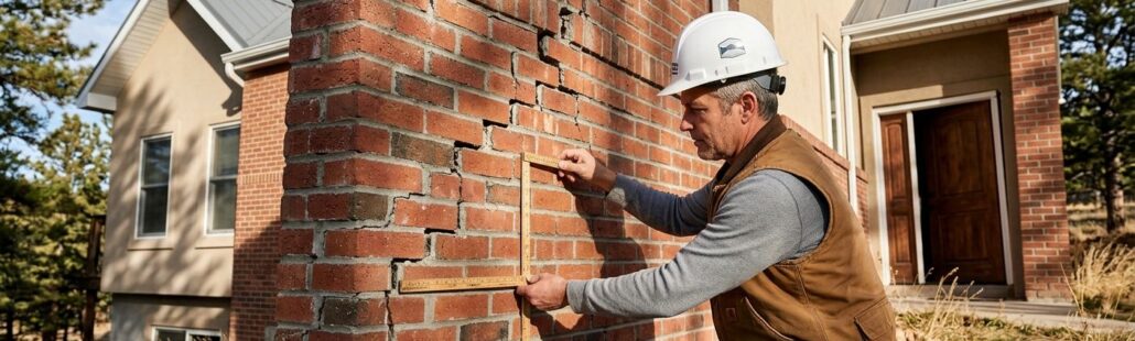 Professional photo of a new home exterior with foundation settlement: brick wall with stair-step cracks, misaligned door, inspector in hard hat measuring crack with ruler, Colorado sunlight, serious mood.