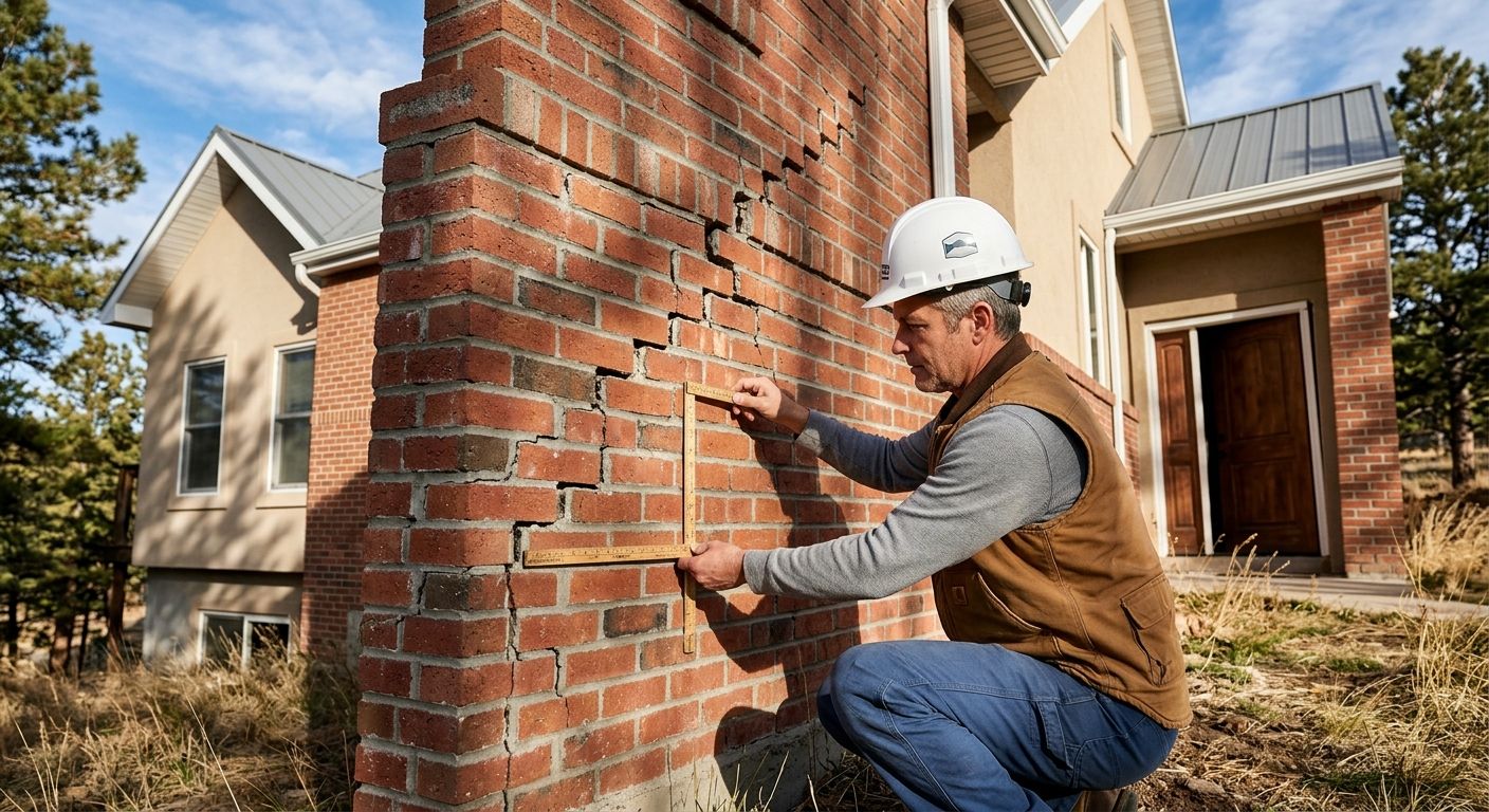 Professional photo of a new home exterior with foundation settlement: brick wall with stair-step cracks, misaligned door, inspector in hard hat measuring crack with ruler, Colorado sunlight, serious mood.