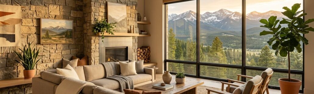 Professional photograph of a Denver living room with mountain modern design. A floor-to-ceiling window frames the Rocky Mountains, filling the room with natural light. A Colorado stone accent wall, white oak floors, and minimalist furniture in warm neutrals create an inviting space. Potted plants add biophilic touches. The image merges clean contemporary lines with rustic textures, bathed in golden-hour light, conveying wellness and nature connection.
