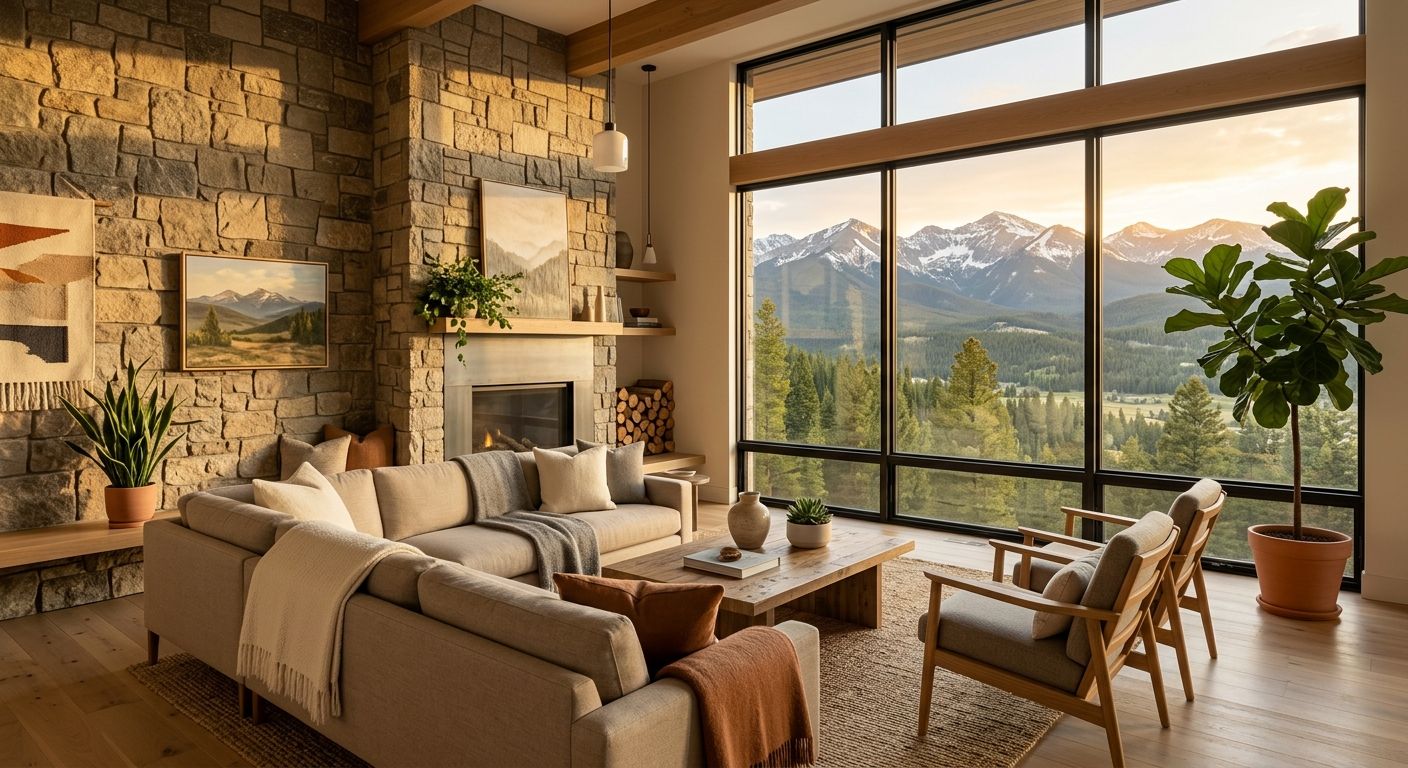 Professional photograph of a Denver living room with mountain modern design. A floor-to-ceiling window frames the Rocky Mountains, filling the room with natural light. A Colorado stone accent wall, white oak floors, and minimalist furniture in warm neutrals create an inviting space. Potted plants add biophilic touches. The image merges clean contemporary lines with rustic textures, bathed in golden-hour light, conveying wellness and nature connection.