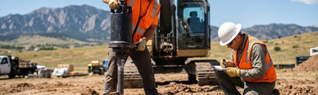 Technician installing helical pier in Colorado soil with geotechnical engineer observing and Rocky Mountain backdrop