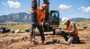 Technician installing helical pier in Colorado soil with geotechnical engineer observing and Rocky Mountain backdrop