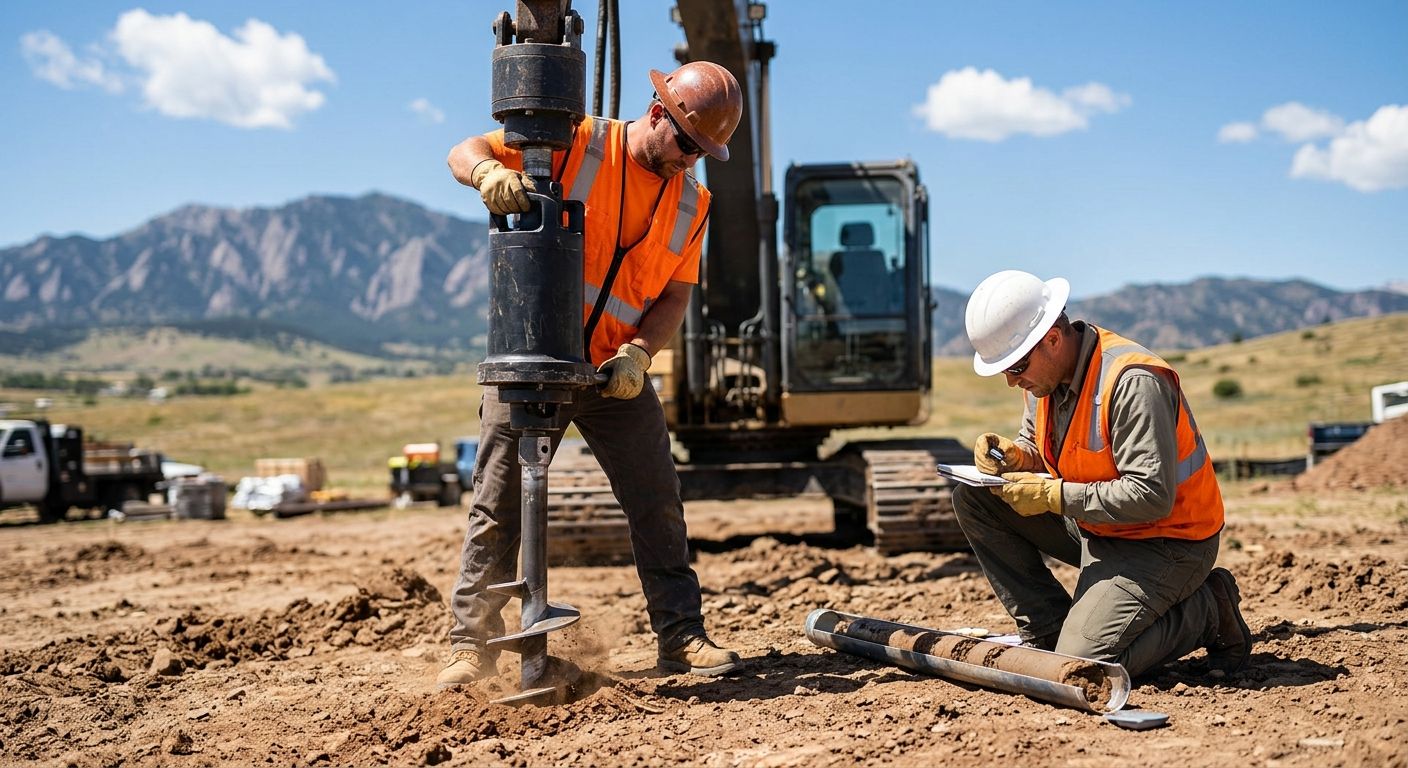 Technician installing helical pier in Colorado soil with geotechnical engineer observing and Rocky Mountain backdrop