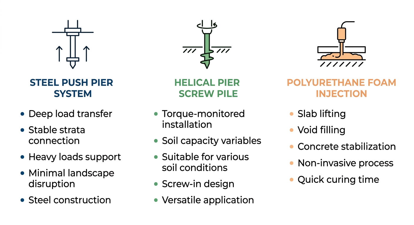 Three-column comparison infographic of permanent foundation lifting methods: steel push piers, helical piers, and polyurethane foam injection.