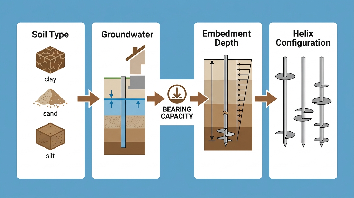 Infographic illustrating geotechnical factors influencing helical pier bearing capacity, including soil type, groundwater, embedment depth, and helix configuration.