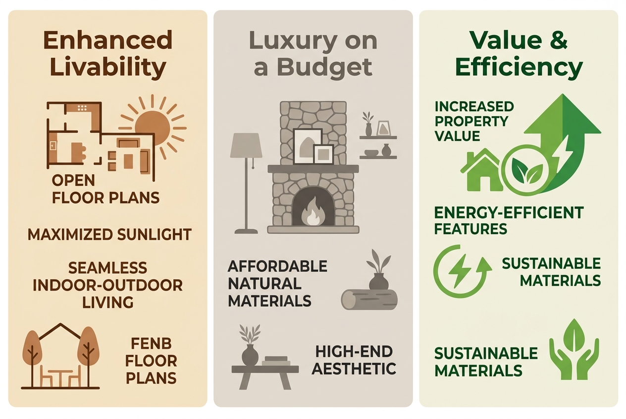 Three-panel infographic showing mountain modern design benefits for Denver homes, with icons for livability, budget luxury, and value efficiency on earthy backgrounds