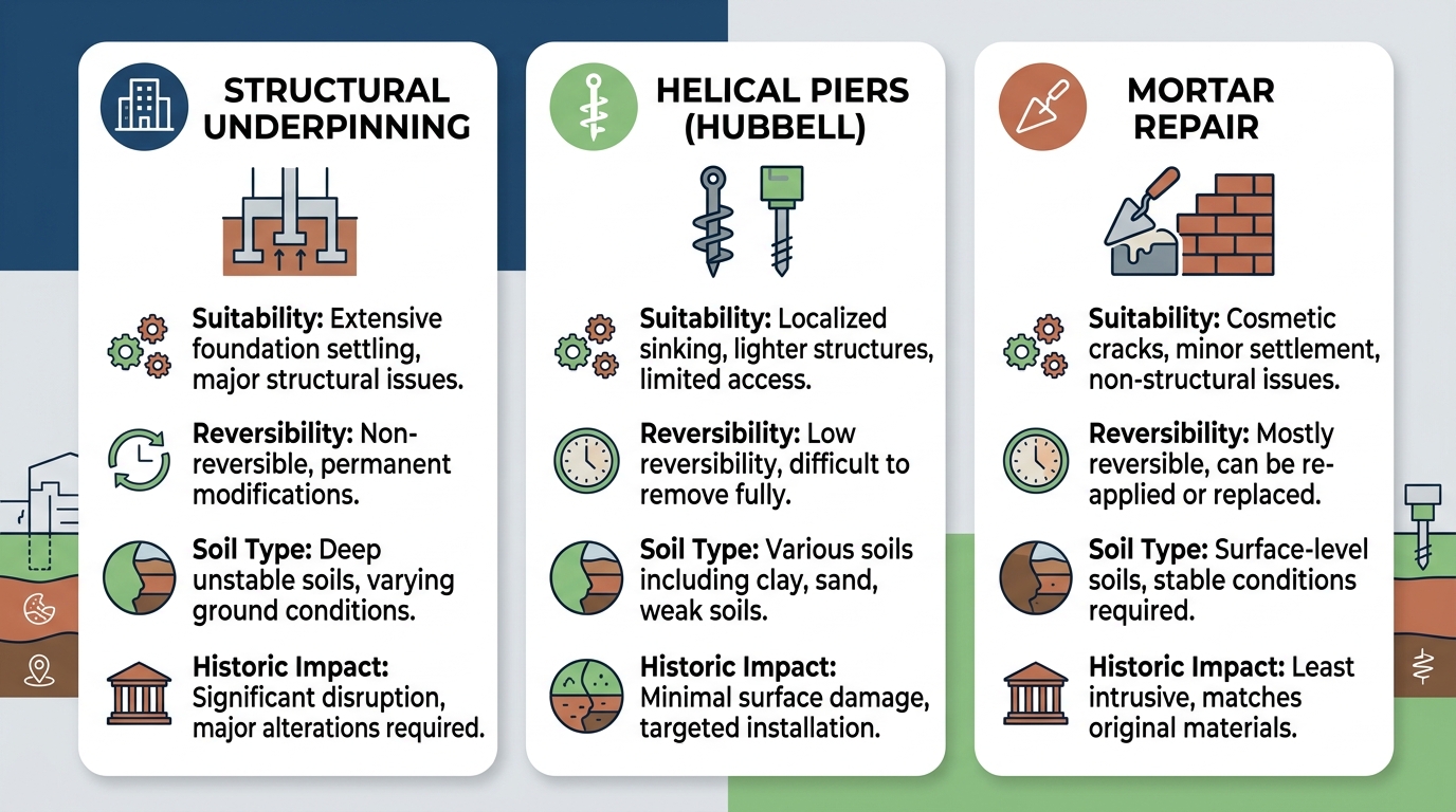 Comparison infographic of three foundation stabilization methods: structural underpinning with excavator icon, helical piers from Hubbell with screw pile icon, and mortar repair with trowel icon, with colored bullet points in blue, green, and terracotta.