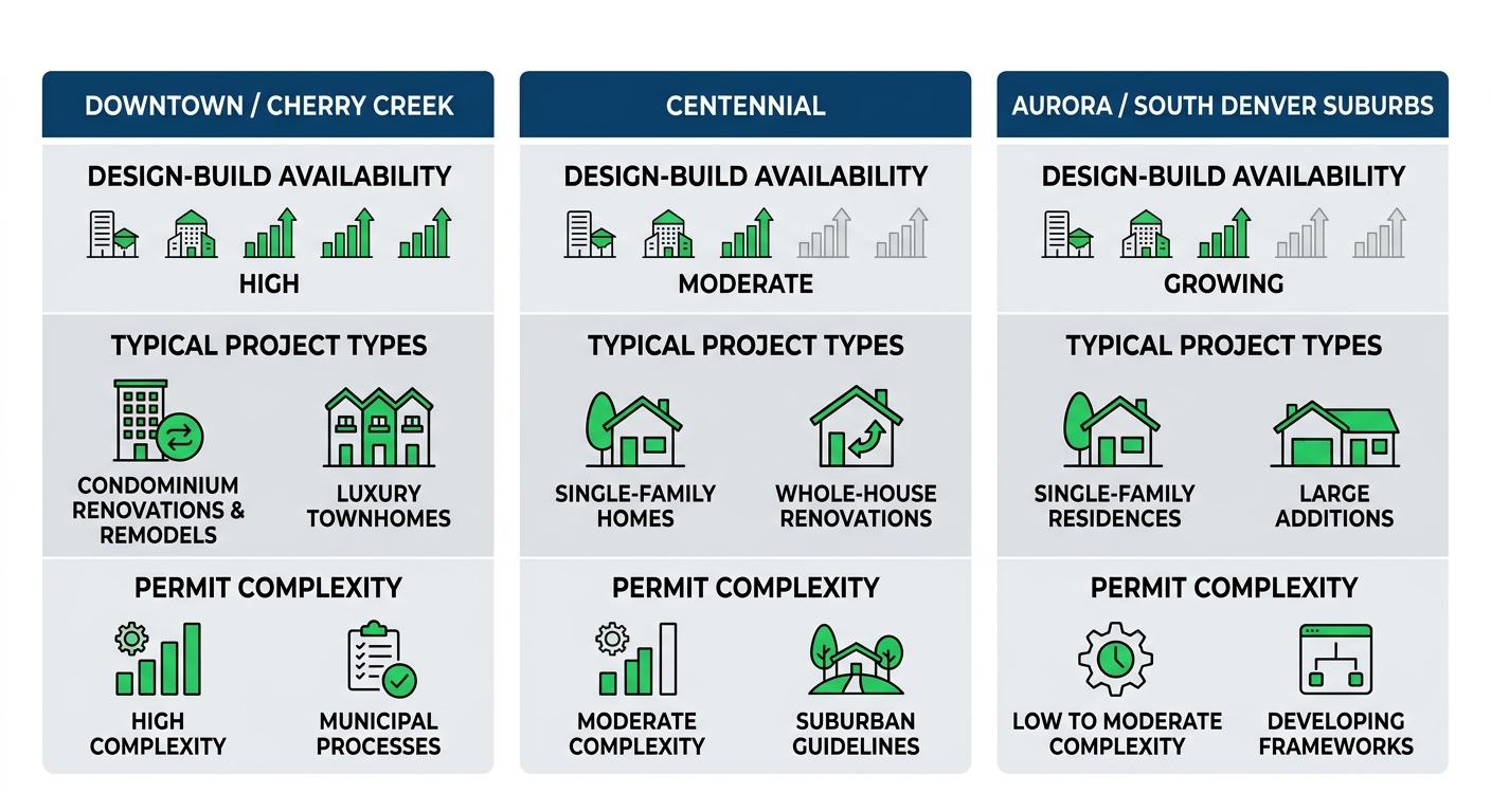 Comparison chart of design-build services across Denver neighborhoods: Downtown/Cherry Creek, Centennial, and Aurora/South Denver Suburbs