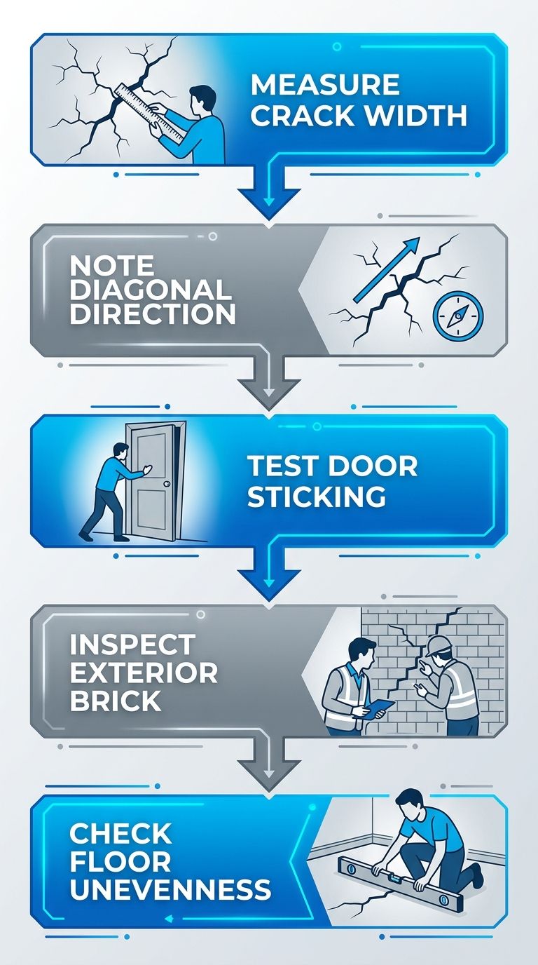 Five-step vertical process flow for evaluating diagonal crack severity, with steps for measuring crack width, checking direction, testing door, inspecting brick, and checking floors, using blue and grey tones.