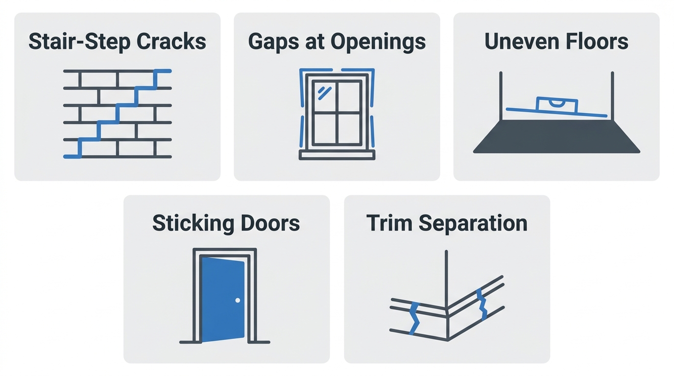 Infographic showing five early warning signs of foundation settlement: stair-step cracks in masonry, gaps around windows and doors, uneven or sloping floors, sticking doors and windows, and separation of trim. Simple icons and labels arranged in a two-row grid with blue and gray color scheme.