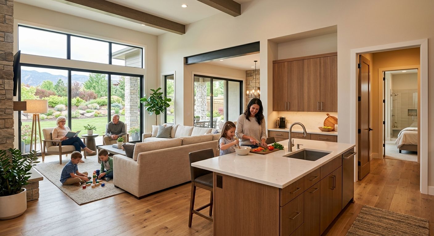 Modern multigenerational home interior with open-plan kitchen and family room