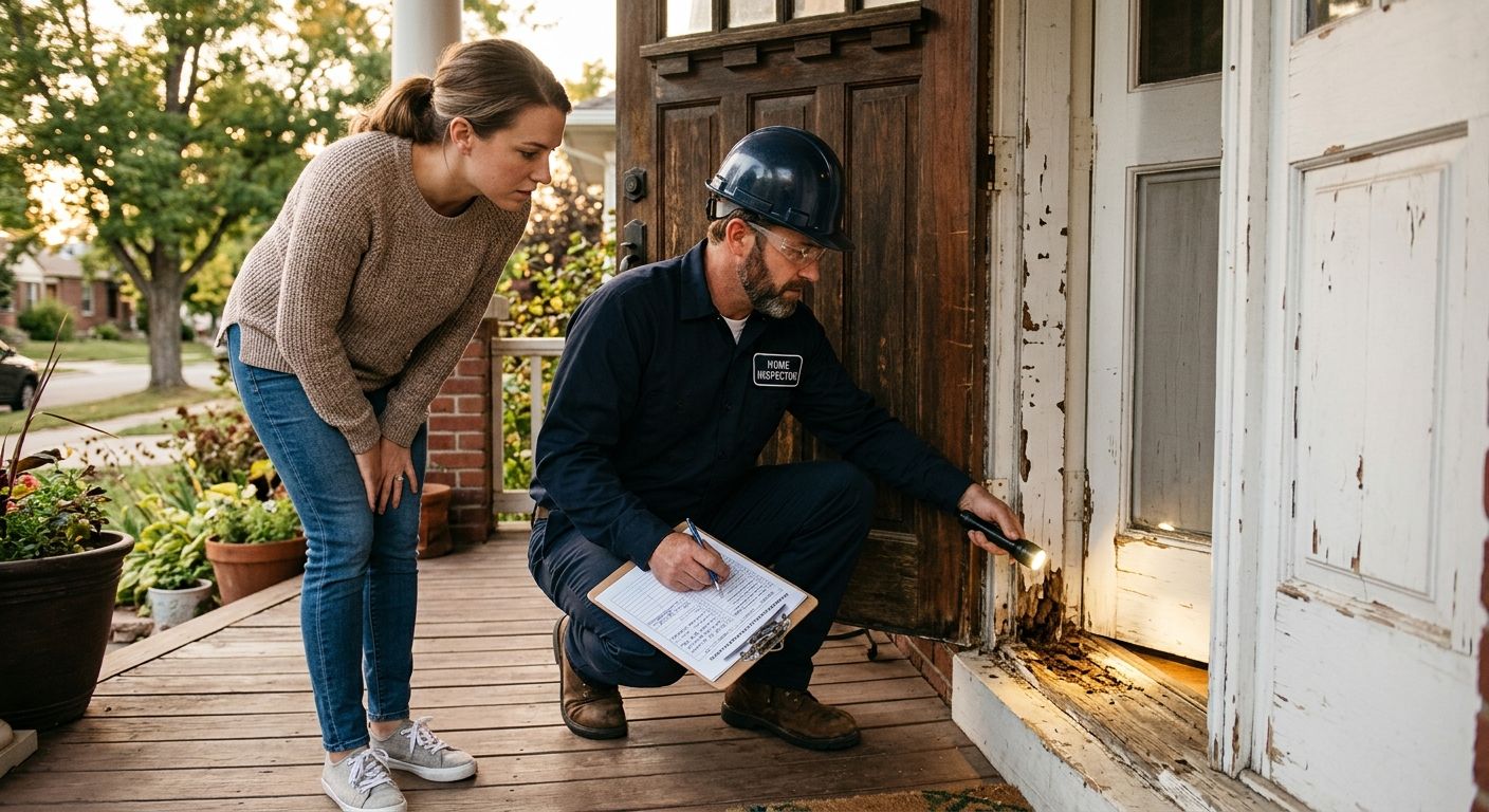 Contractor inspecting a damaged exterior door frame with a flashlight while a homeowner watches, in Centennial, Colorado.