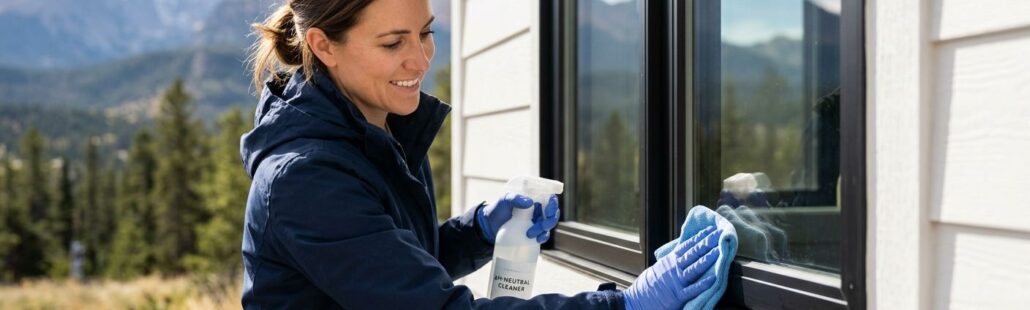 Homeowner gently cleaning a matte black window frame on a modern Colorado home with white siding