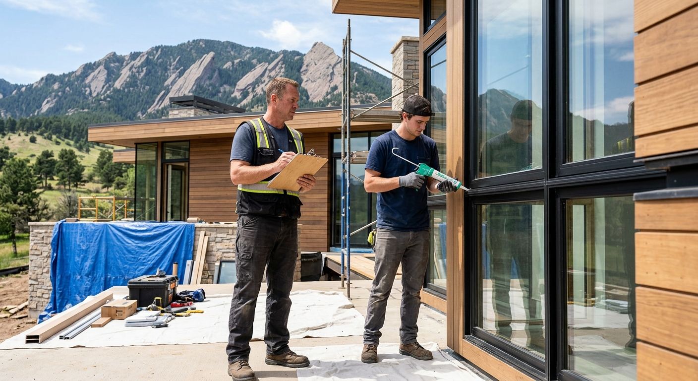 Instalación de ventana profesional por ACN Construction en una casa de Boulder con los Flatirons visibles al fondo