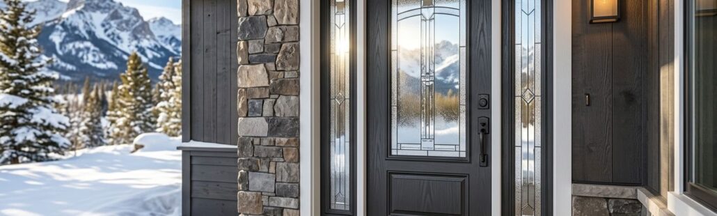 Contemporary Colorado home with premium fiberglass entry door, decorative glass insets, snowy mountain backdrop, warm porch light.