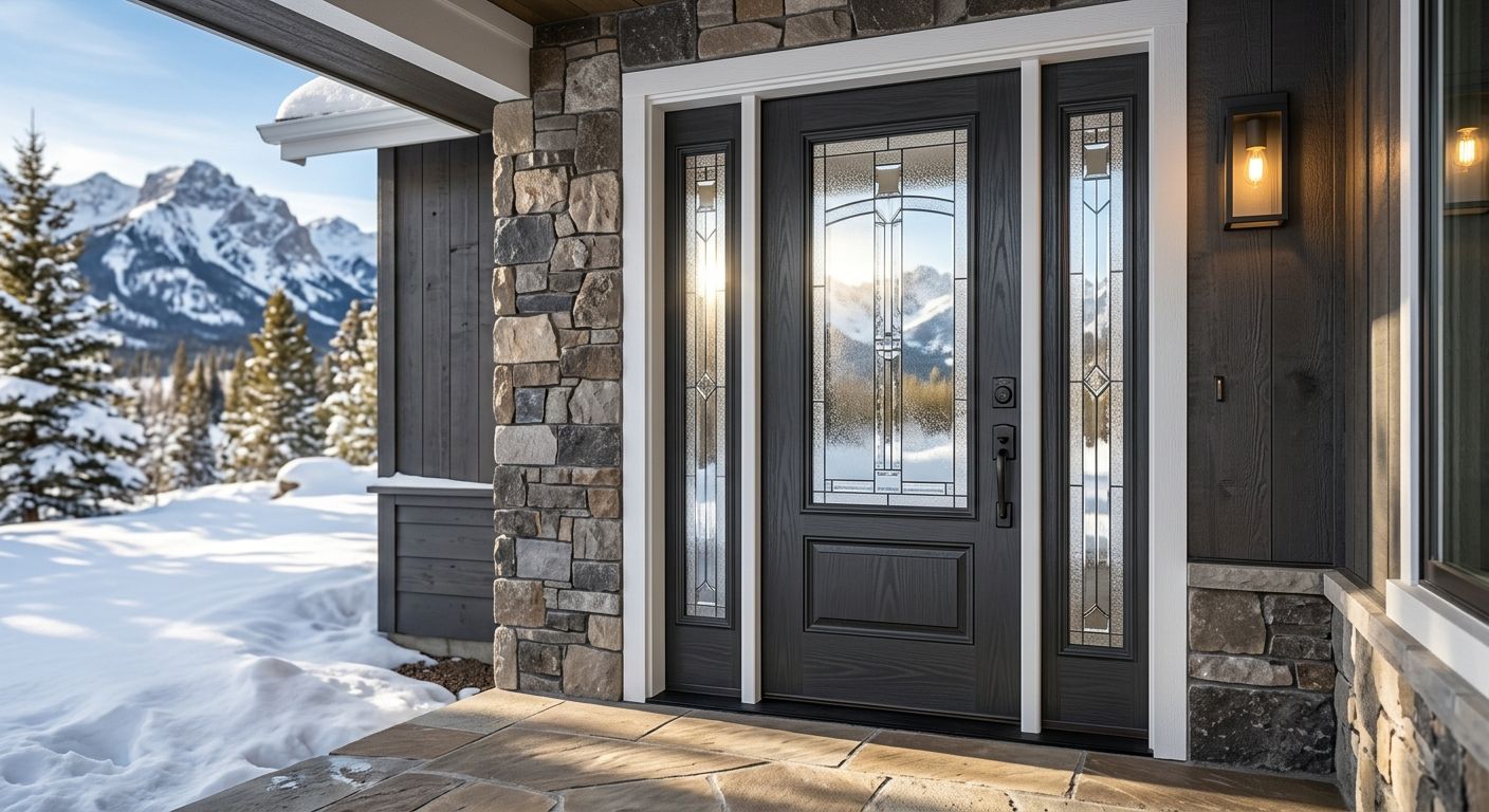 Contemporary Colorado home with premium fiberglass entry door, decorative glass insets, snowy mountain backdrop, warm porch light.