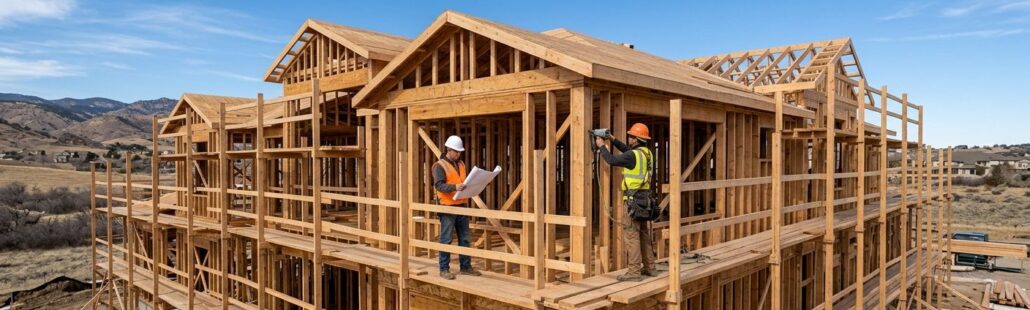 Custom home under construction in Centennial, Colorado, with builders on scaffolding