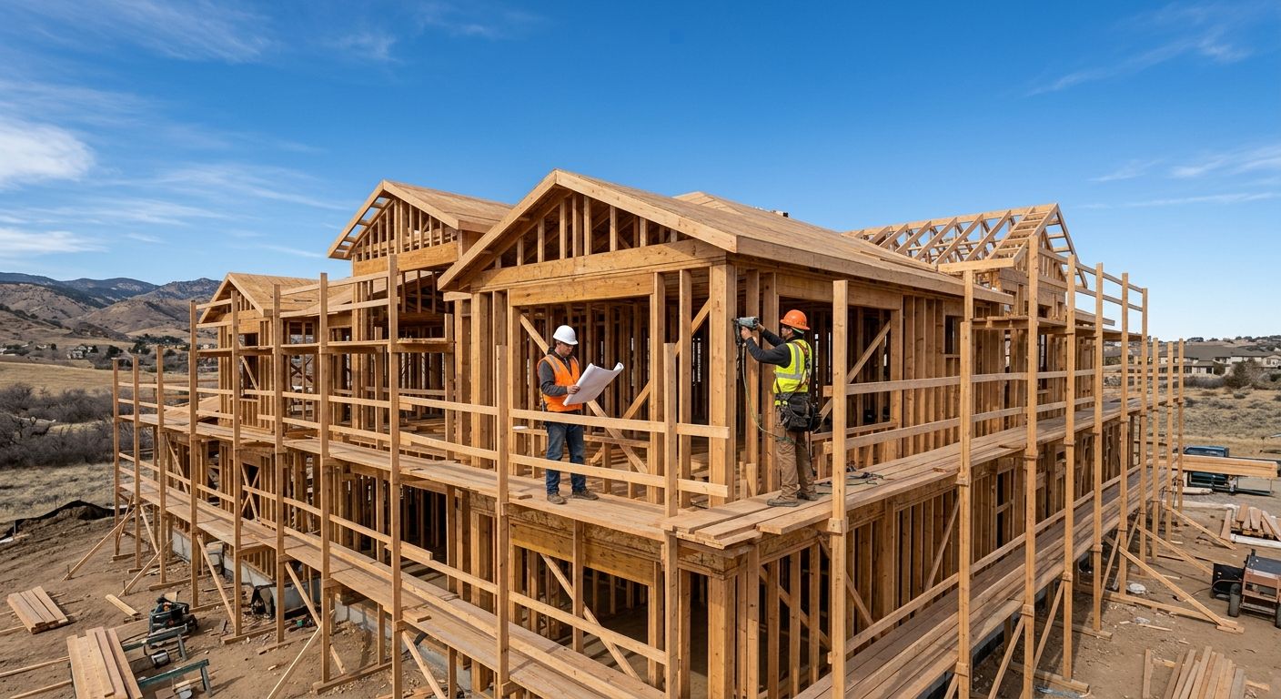 Custom home under construction in Centennial, Colorado, with builders on scaffolding