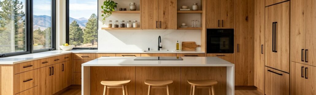 Sunlit contemporary kitchen in Centennial, Colorado with rich natural wood cabinetry, white oak waterfall island, and integrated panel-front appliances