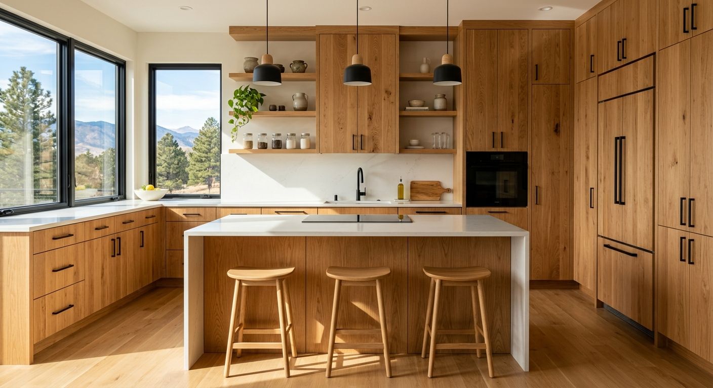 Sunlit contemporary kitchen in Centennial, Colorado with rich natural wood cabinetry, white oak waterfall island, and integrated panel-front appliances