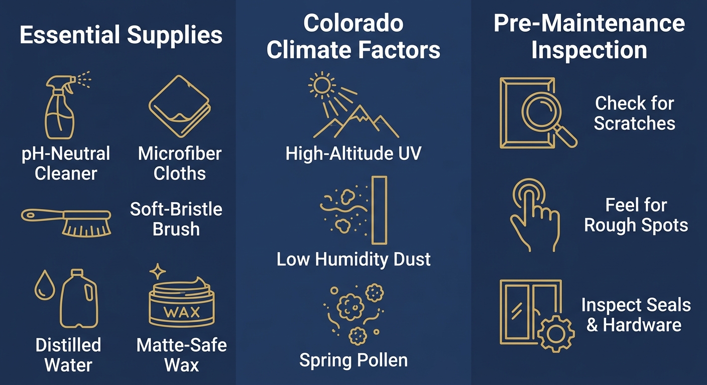 Infographic with three columns: Essential Supplies with five items, Colorado Climate Factors with three items, and Pre-Maintenance Inspection with three items, all with icons and labels on navy background with gold outlines.