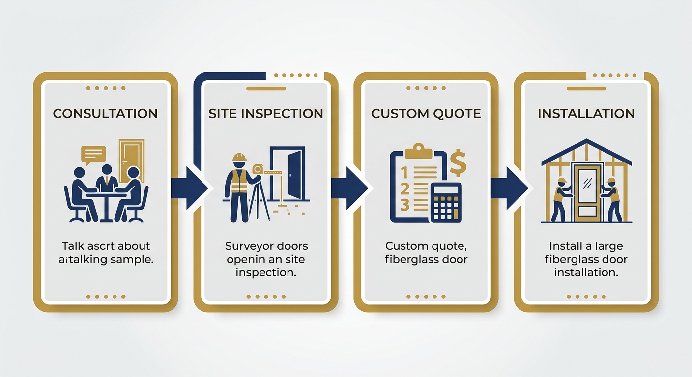 Four-step horizontal process showing consultation, site inspection, custom quote, and installation for fiberglass door installation by ACN Construction in Colorado.