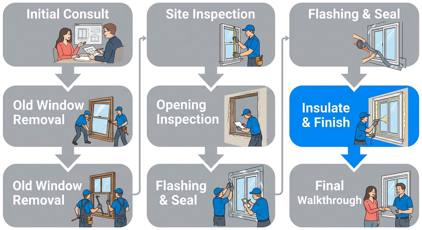 Vertical process flow showing 7 steps for window installation in Boulder homes