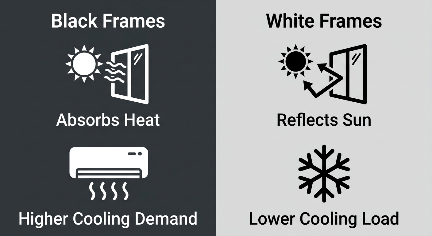 Split infographic with left dark panel showing black window frames absorbing heat and right light panel showing white frames reflecting sunlight